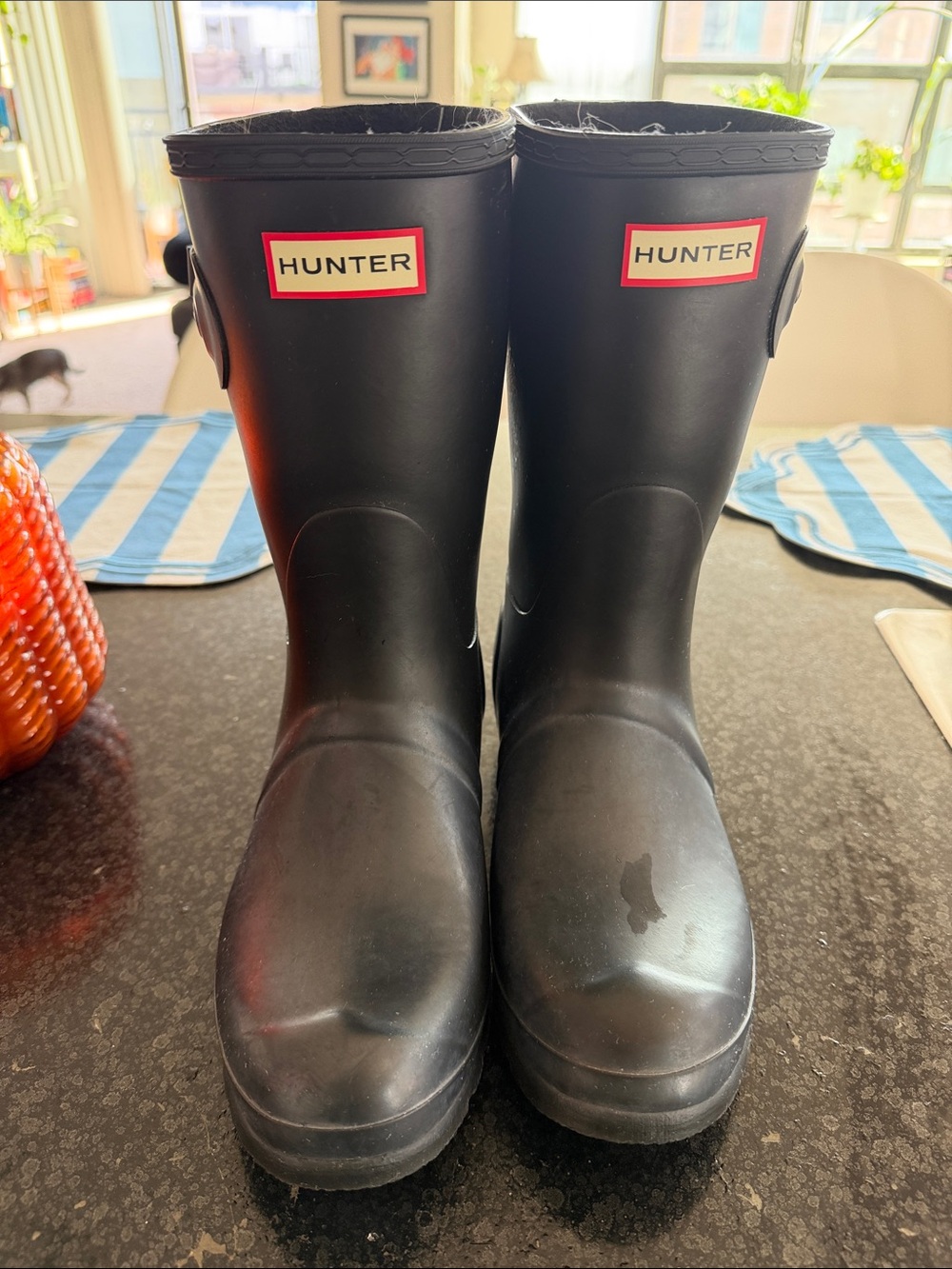 Hunter Womens Black Waterproof Rain Boots with Red Logo Trim